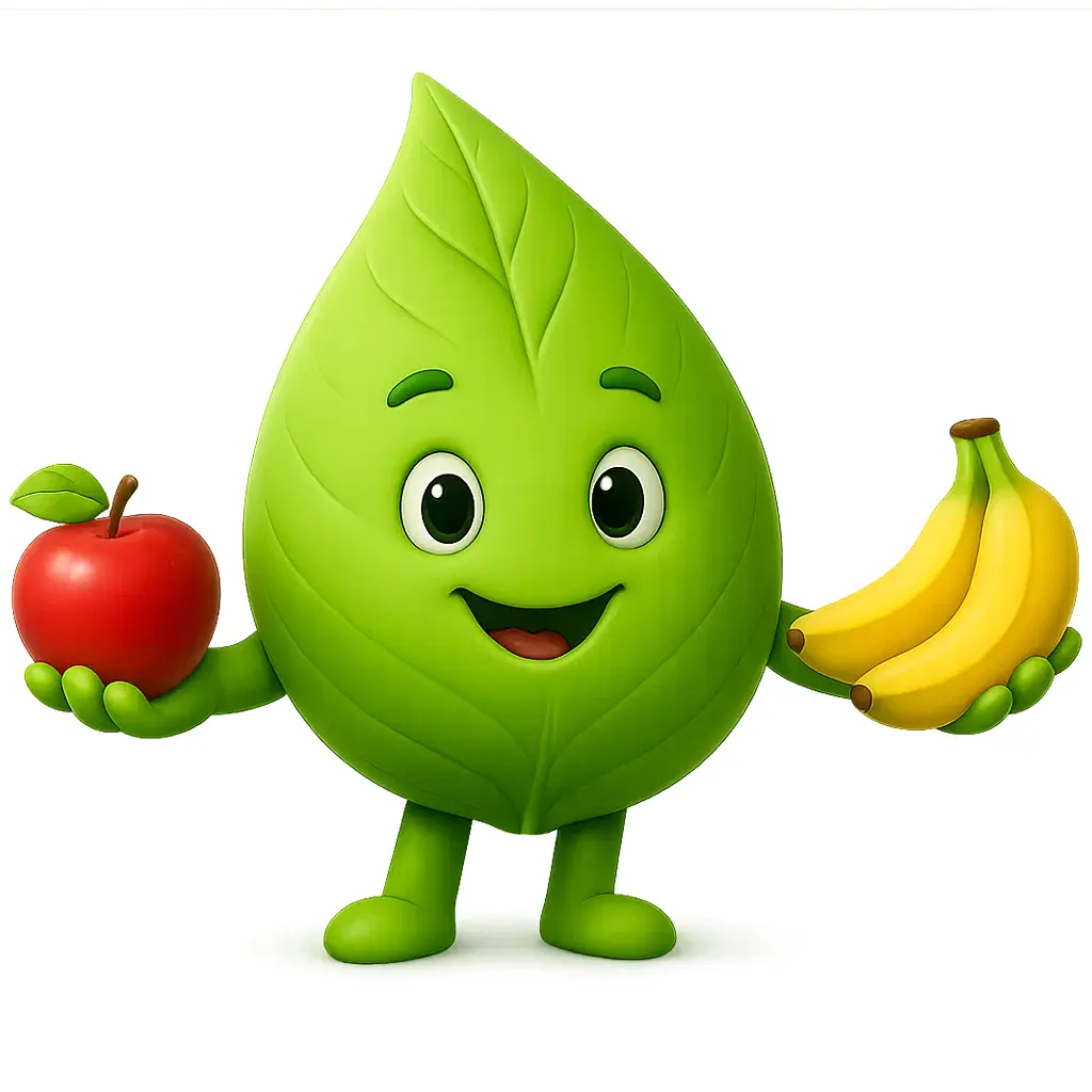 WasteLess mascot, a friendly leaf character, happily swinging on a vine swing.